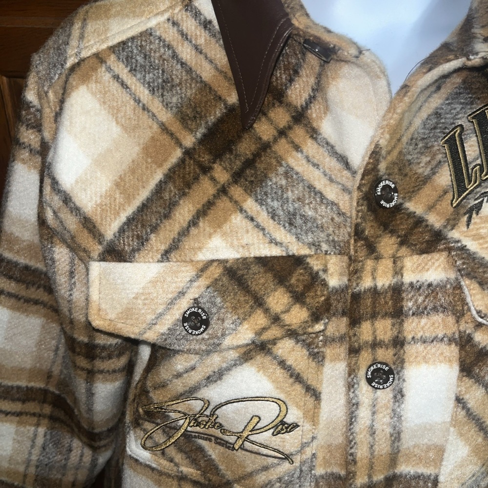 Smoke Rise Men's Vegan Leather Collar Plaid Shacket Shirt XL Maple League - Picture 3 of 15